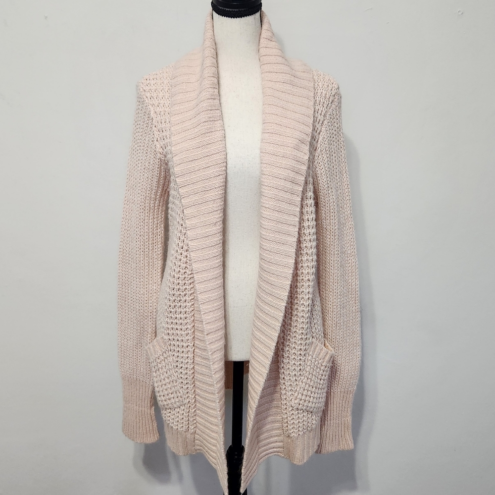 RD Style Cardigan Sweater Open Front Waffle Knit Chunky Longline Petal Pink S